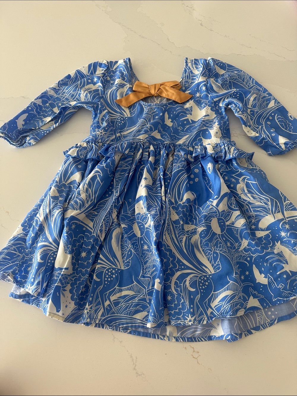 Finding Foxtale Blue Celestial Unicorn Print with ruffles and gold bow size 5